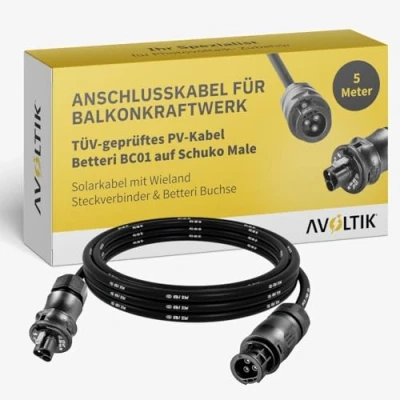 Abbildung von Avoltik Anschlusskabel für Balkonkraftwerk I 5 m Solarkabel mit Wieland Steckverbinder &amp; Betteri Buchse TÜV geprüftes Photovoltaik Kabel BC01 auf Schuko Male Wechselrichter