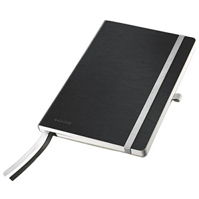 Abbildung von Leitz Notizbuch A5 liniert, 160 Seiten, 80 Blatt, Hardcover Mit hochwertigem Bezug, 100 g/m² Papier, Gummizugverschluss, Textilbänder, Stiftelasche, Tasche, Style Serie, Satin Schwarz, 44870094