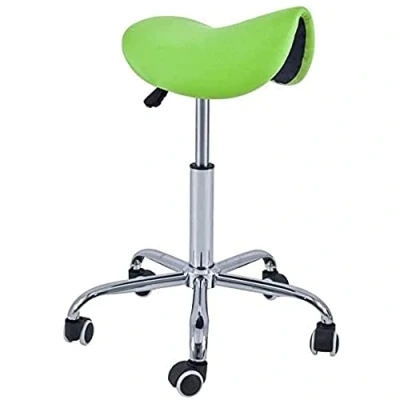 Abbildung von QUIRUMED Pony Hocker mit 5 Rädern, Chromgestell, Farbe Pistaziengrün, Kunstlederpolsterung, höhenverstellbar, leicht, ergonomisches Design, drehbar, bis zu 150 kg