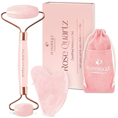 Abbildung von Plantifique Rosenquarz Gesichtsroller und Gua Sha Stein Set Face Roller &amp; Guasha für Gesichtsmassage reduziert Schwellungen Massager Massagesteine Gesicht