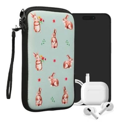 Abbildung von kwmobile Handytasche für Smartphones L 6,5&quot; Neopren Handy Tasche Hülle Cover Case Schutzhülle Hasen und Blumen Weiß Braun Graugrün 16,5 x 8,9 cm Innenmaße