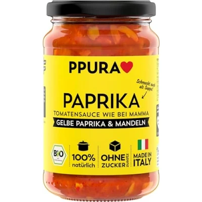 Abbildung von PPURA Bio Tomatensauce Paprika Pasta Sauce mit gelber &amp; Mandeln Sugo Made in Italy 100% Natürlich Nudel Soße Vegan Ohne Zuckerzusatz Konservierungsstoffe 340g Glas
