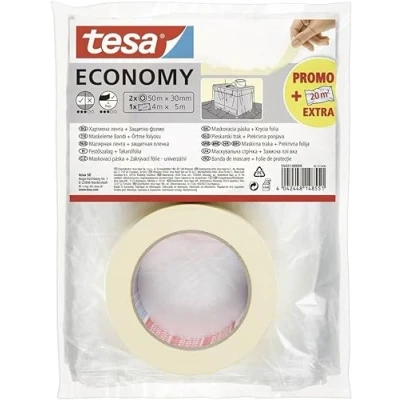 Abbildung von tesa Malerband ECONOMY Vielseitiges Klebeband für Malerarbeiten ohne Lösungsmittel Bis zu 4 Tage nach Gebrauch rückstandslos entfernbar (50m x 50mm 2 Rollen + 1 Rolle Folie, Single)