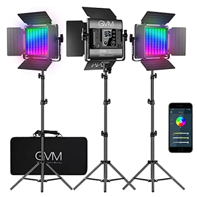 Abbildung von GVM RGB Videolicht mit Stativ, 800D APP Steuerung Fotografie LED Dauerlicht, Dimmbar 3200K 5600K Videobeleuchtung für YouTube Video Studioset Streaming Filmlicht Studiolicht videolampe