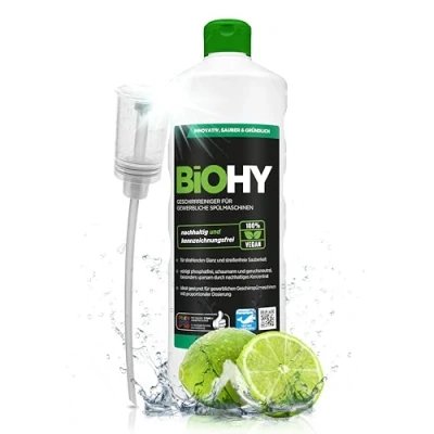 Abbildung von BiOHY Geschirrreiniger für gewerbliche Spülmaschinen (1l Flasche) + Dosierer Maschinenspülmittel Geschirr ergiebig, flüssig &amp; phosphatfrei Gastro Gewerbe Spülmaschinenreiniger