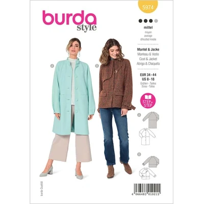 Abbildung von Jacke / Mantel Raglanärmeln und Stehkragen Burda 5974 34 44