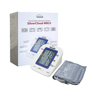 Abbildung von Oberarm Blutdruckmessgerät SilverCloud MB23 mit Manschettensitzkontrolle, für Oberarmumfänge von 22 36cm, Arrhythmie Erkennung, präzise Blutdruck und Pulsmessung Speicherfunktion Sprachausgabe