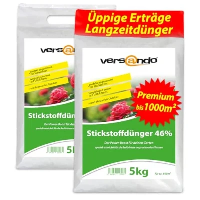 Abbildung von versando 10kg Stickstoffdünger bis 1000m²: 46% UREA Stickstoff für Rasen, Gemüse, Blumen von Frühjahr Herbst, fördert üppiges Blattwachstum mit Langzeitwirkung Premium Qualität