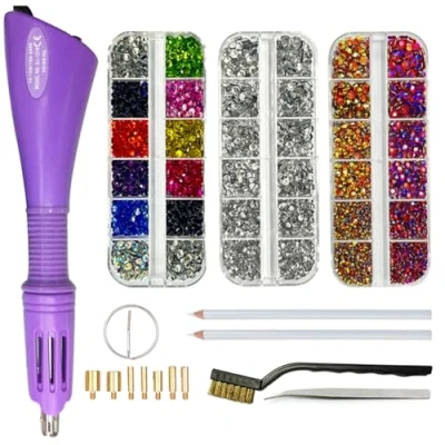 Abbildung von Afantti Hotfix Strass Applikator Werkzeug Set mit 7 Applikatorspitzen &amp; Hot Fix Strasssteine, Violett