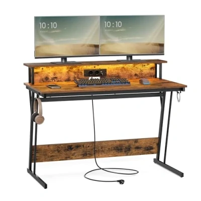 Abbildung von VASAGLE Schreibtisch, Gaming Tisch mit eingebauter Steckdosenleiste, Computertisch, Monitorständer für 2 Monitore, Schlafzimmer, 60 x 120 76 cm, vintagebraun LWD192K01
