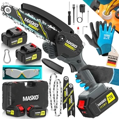 Abbildung von MASKO® Mini Kettensäge 800W, 6 Zoll, 8000mAh Akku Elektrische Motorsäge mit Automatischem Ölsystem Handkettensäge für Astschnitte &amp; Holzarbeiten Inkl. Koffer, 2x 4000mAh Akkus Ersatzketten