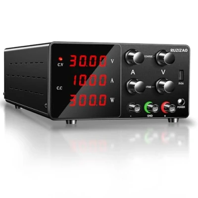 Abbildung von RUZIZAO Labornetzgerät Regelbar Labornetzteil 30V 10A Variablen Schaltnetzteil Geregeltes Hochpräzises 4 stelliges LED Display 5V/2A USB Anschluss Labor DC Stromversorgungen (Schwarz)