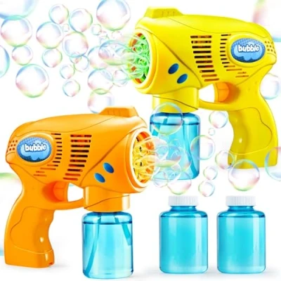 Abbildung von JOYIN 2 Seifenblasenpistole für Kinder mit Seifenblasenflüssigkeit (2 * 148 ml), seifenblasenmaschine Party, Seifenblasen Pistole Sommer Indoor Outdoor Aktivitäten, Ostern(gelb+orange)