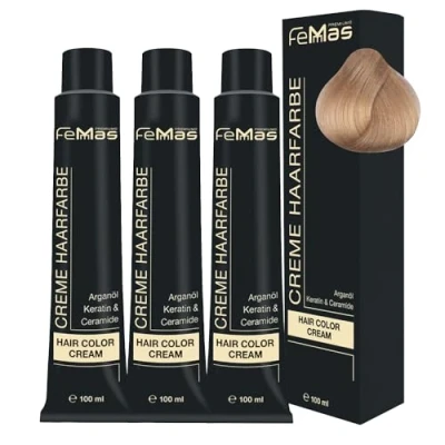Abbildung von FemMas Haarfarbe 3x Hell Lichtblond Gold 10.3 I Professionelle Creme mit Arganöl, Keratin &amp; Ceramiden dauerthafte Haarfärbung oder Tönung für strahlende Farbergebnisse 100 ml