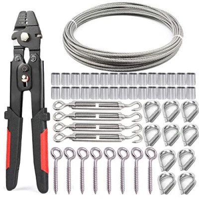 Abbildung von Nikang Drahtseil Crimpzange Set, Stahlseil Presszange + 30M 2mm Edelstahl 4 Stück M5 Spannschloss 8 ösenschraube 30 klemmhülsen aus aluminium 10 Kausche