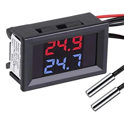 Abbildung von PEMENOL DC4 28V Rot + Blau Dual Display Digital Thermometer mit NTC Wasserdichtem Metallfühler Temperatursensor