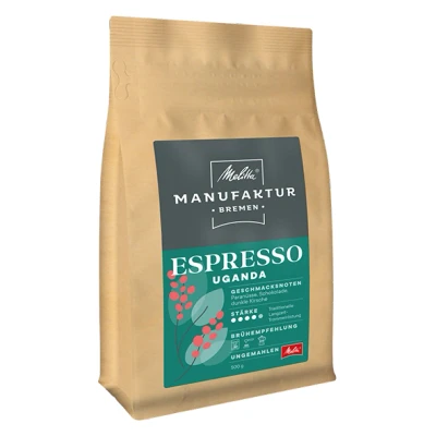 Abbildung von Melitta Manufaktur Kaffee Espresso Spezialitäten Kaffee, 500g, ganze Bohnen, ungemahlen, Single Origin Farm aus Uganda, geröstet in Deutschland, Stärke 4