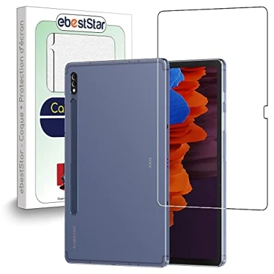 Abbildung von ebestStar Hülle für Samsung Galaxy Tab S7+ SM T970, Silikon Handyhülle Cover, Klar TPU Schutzhülle, Slim Handy Case, Transparent + Panzer Schutz Glas