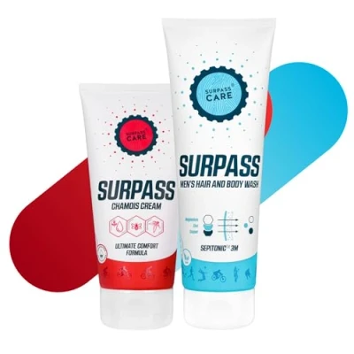 Abbildung von SURPASS Fahrrad Paket für Herren Natürliche Anti Scheuer Gesäßcreme das Gesäß und Sport Duschgel Frauen angereichert mit Magnesium Energieschub nach intensivem Training (170ml+250ml)