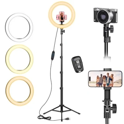 Abbildung von 10 Zoll LED Ringlicht mit 61 Stativständer &amp; Handyhalter, Dimmbare Tischringlicht Handystativhalter Ringleuchte für YouTube, Videoaufnahmen, Selfie, Live Stream, Makeup Fotografie