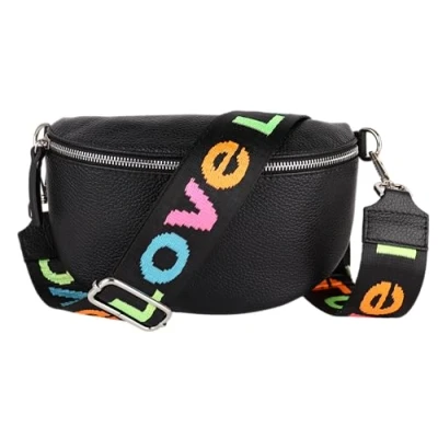 Abbildung von MIRROSI® Bauchtasche Damen, Echtleder, Made in Italy, Umhängetasche, Brusttasche, Crossbody Bag (1 Tasche &amp; 2 Gurte) (Schwarz (Love Schwarz), Kleine (22x13x6cm))