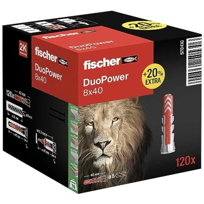Abbildung von fischer DuoPower 8 x 40 in der attraktiven Löwen Aktionsbox, Universaldübel, leistungsstarker 2 Komponenten Dübel zur Befestigung Beton, Ziegeln, Stein, uvm., mit 20% mehr Inhalt, 120 Stück