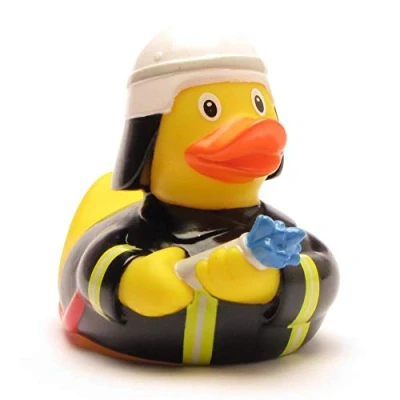 Abbildung von Feuerwehrmann Quietscheente I Feuerwehr Badeente L: 10 cm inkl. Gummeinten Schlüsselanhänger im Set Spielzeug für Kinder