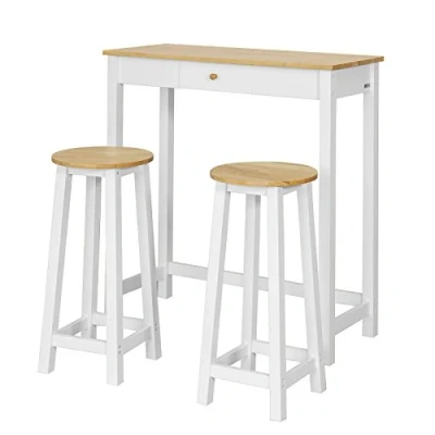 Abbildung von SoBuy® FWT50 WN Bartisch Set 3 teilig Stehtisch mit Haken und Einer Schublade Bistrotisch Küchenbartisch 2 Hockern weiß Natur