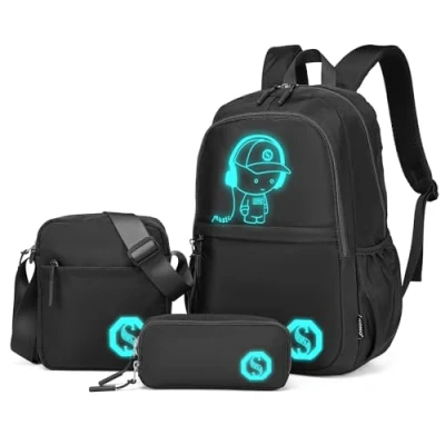 Abbildung von KONO Leuchtender Schulrucksack 3 in 1 Set, Anime Jungen Schulranzen Umhängetasche Federmäppchen, 15.6&quot; Laptop Rucksack für Schüler Teenager Mädchen (Schwarz)