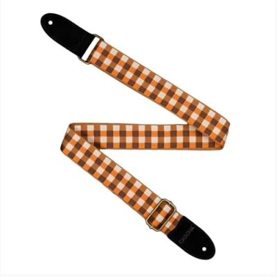 Abbildung von CASCHA Ukulele Gurt, vegan Verstellbarer und komfortabler Ukulelengurt aus umweltfreundlichen Materialien, langlebig stilvoll, passt zu allen Ukulelen, ideal für alle Spieler Checkered Orange