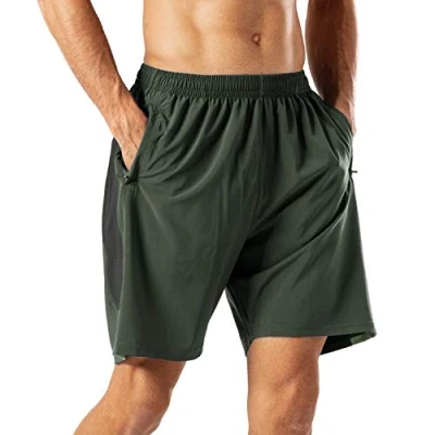 Abbildung von HMIYA Herren Sport Shorts Schnell Trocknend Kurze Hose mit Reißverschlusstasch (Armeegrün,3XL)