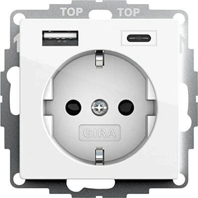 Abbildung von Gira 245903 SchukoSteckdose USB Anschluss Shutter Berührungsschutz 2 fach TypA(max.2,4A) TypC(max.3A) System 55 Reinweiß glänzend UP Schutzkontaktsteckdose Wandsteckdose Smartphone Tablet 32mm
