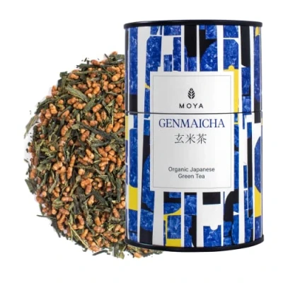 Abbildung von Organischer Moya Grün Tee Genmaicha 60 g Loseblatttee mit geröstetem, gepufftem braunem Reis Grüner Genmai Cha aus Japan Vegan Freundlich in mehrfarbiger Metalldose Perfekt Geschenk