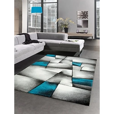 Abbildung von CARPETIA Moderner Teppich Kurzflor Wohnzimmerteppich Konturenschnitt karo abstrakt grau schwarz Weiss türkis Größe 200 x 290 cm