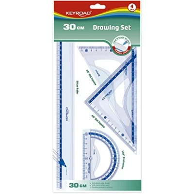 Abbildung von KEYROAD Geometrie Set Mathematik 4 teilig: 1x Lineal 30cm, 18 cm Zeichen Dreieck, 10 Winkelmesser/Loch zum Aufhängen/Eurolochung/Farbe: Transparent