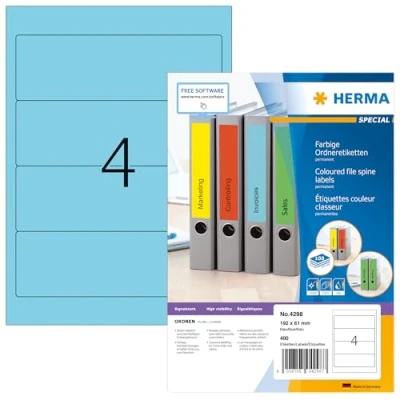 Abbildung von HERMA 4298 Ordnerrücken Etiketten kurz breit, 1400 Blatt, 192 x 61 mm, 4 pro A4 Bogen, 5600 Stück, selbstklebend, bedruckbar, blickdicht, blanko Papier Ordneretiketten Rückenschilder Aufkleber, blau