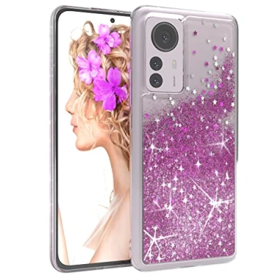 Abbildung von EAZY CASE Hülle kompatibel mit Xiaomi 12 Pro Schutzhülle Flüssig Glitzer, Handyhülle, Schutzhülle, Back Cover Glitter Flüssigkeit, TPU/Silikon, Transparent/Durchsichtig, Lila