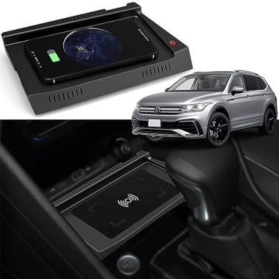 Abbildung von Kabelloses Ladegerät Auto für VW Tiguan 2023 2022 2021 2020 2019 2018 15W Schnellladendes Handy Center Console Zubehörfeld mit QC 3.0 USB Anschluss iPhone 12/13 Samsung S22/S21