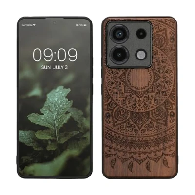 Abbildung von kwmobile Hülle kompatibel mit Xiaomi Redmi Note 13 Pro 5G / Poco X6 Holz Case Handy Cover TPU Handyhülle in Dunkelbraun Indische Sonne