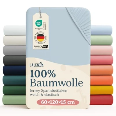 Abbildung von Laleni Jersey Spannbettlaken 60x120 Babybett 2er Set Oeko TEX zertifiziertes Bettlaken cm Kinderbett Kinderbettwäsche 100% Baumwolle Baby in Hellblau