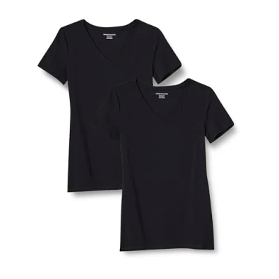 Abbildung von Amazon Essentials Damen Kurzärmeliges T Shirt mit V Ausschnitt, Klassischer Schnitt, 2er Pack, Schwarz, M