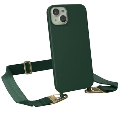Abbildung von EAZY CASE Handykette mit Band kompatibel iPhone 15 Plus dünne Handyhülle für Hülle Silikon stoßfester Fallschutz Kette zum Umhängen in Pinien Grün Clips Gold