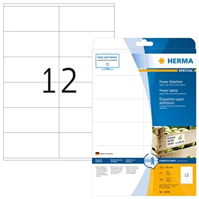 Abbildung von HERMA 10908 Power Etiketten, 25 Blatt, 105 x 48 mm, 12 pro A4 Bogen, 300 Stück, selbstklebend, bedruckbar, extrem stark haftend, blanko Papier Klebeetiketten Aufkleber, weiß