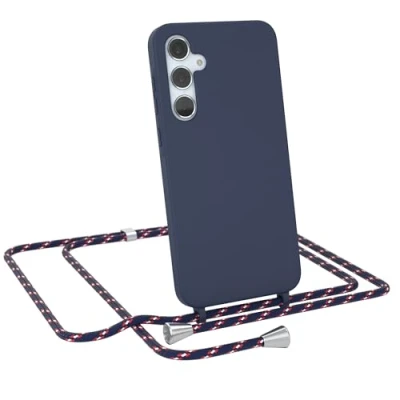 Abbildung von EAZY CASE Hülle mit Band kompatibel Samsung Galaxy A55 Handyhülle für Silikon Mikrofaser stoßfester Fallschutz Kette zum Umhängen Handykordel in Navy Camouflage