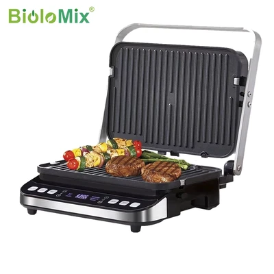 Abbildung von BioloMix 2000W Elektrische Kontaktieren Grill Digitale Bratpfanne und Panini Presse, Optional Waffel Maker Platten, öffnet 180 Grad