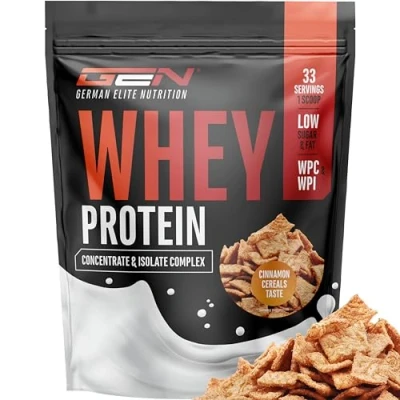 Abbildung von Whey Protein Pulver 1000 g (Cinnamon Cerals) mit Isolate Anteil Instant lösliches Eiweiss BCAA &amp; EAA German Elite Nutrition