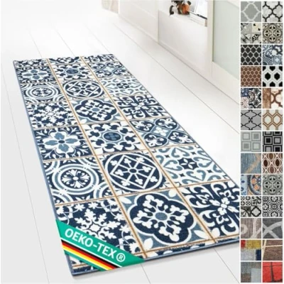 Abbildung von Floordirekt Teppichläufer mit Muster maßgefertigter Feinschlingen Teppich Läufer für Küche, Flur &amp; Wohnraum Ornament Vintage Orient Gitter (80 x 100 cm, Swansea)