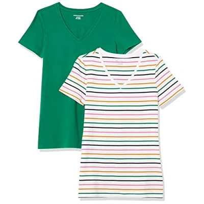 Abbildung von Amazon Essentials Damen Kurzärmeliges T Shirt mit V Ausschnitt, Klassischer Schnitt, 2er Pack, Dunkelgrün/Weiß Streifen, XXL