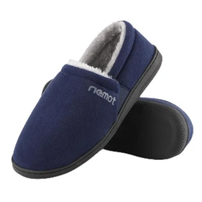 Abbildung von riemot Memory Foam Mokassin Hausschuhe Herren Plüsch Fleece Warme Wildleder Pantoffeln Rutschfeste Gummisohle für den Innen und Außenbereich mit beidseitigen elastischen Riemen Blau Gr.43