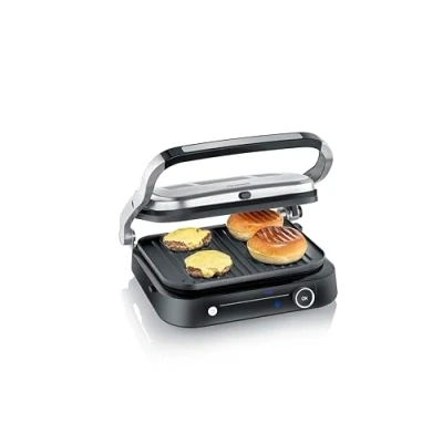 Abbildung von SEVERIN SEVINI PRO Kontaktgrill für Sandwiches, Steak und als Panini Grill, antihaftbeschichteter Sandwich Maker fettfreies Grillen, mit 7 Automatikprogrammen, 1800 W, schwarz/silber, KG 2395